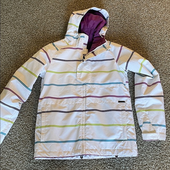 White Ski/Snowboard Jacket with Multicolor Stripes - Picture 1 of 3